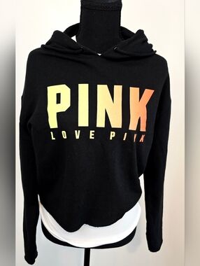 PINK Victoria’s Secret Cropped Hoodie Black Rainbow Logo Cutout XS